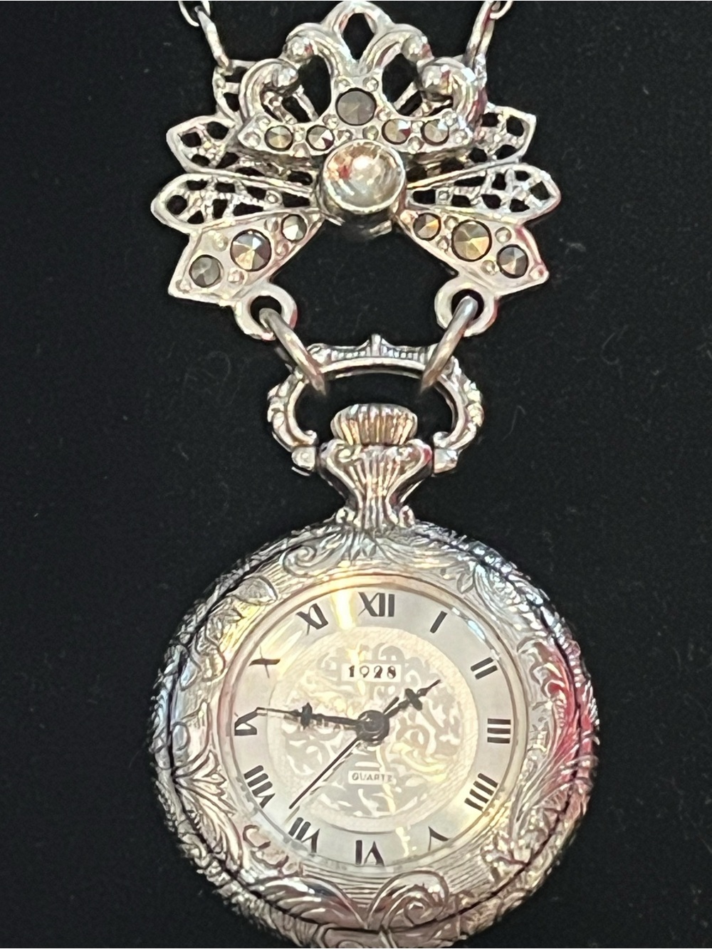 1928 Silver -Tone Ornate Pocket Watch Pendant Necklace - Women’s Jewelry